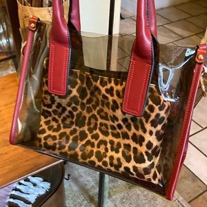 Monsac -smoke tinted animal print insert-leather trim& adjusting crossbody strap